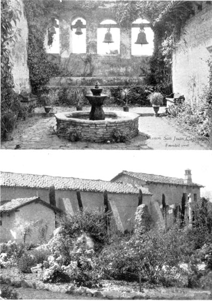 Sacred Garden or Bell Yard, Mission San Juan Capistrano (top) and Serra Church, Mission San Juan Capristano (bottom)